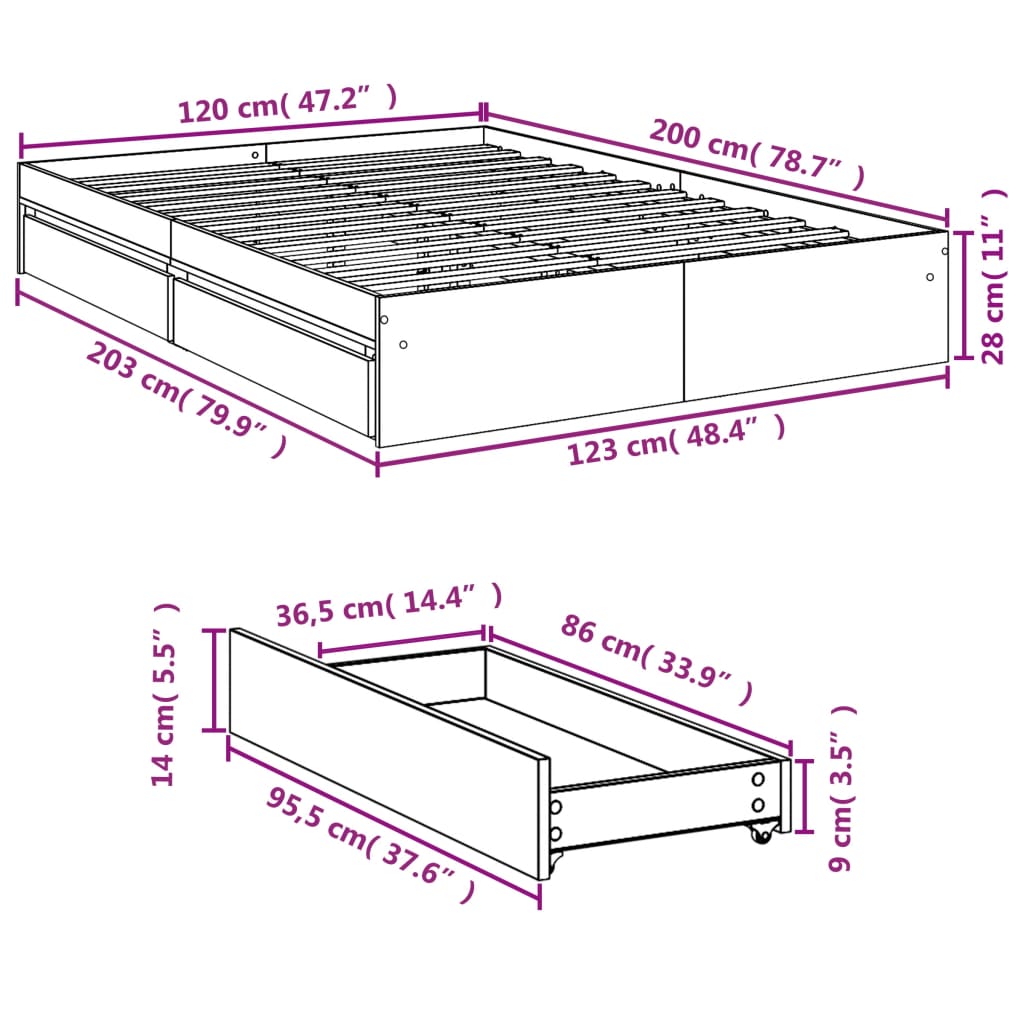 vidaXL Rám postele se zásuvkami šedý sonoma 120 x 200 cm kompozit