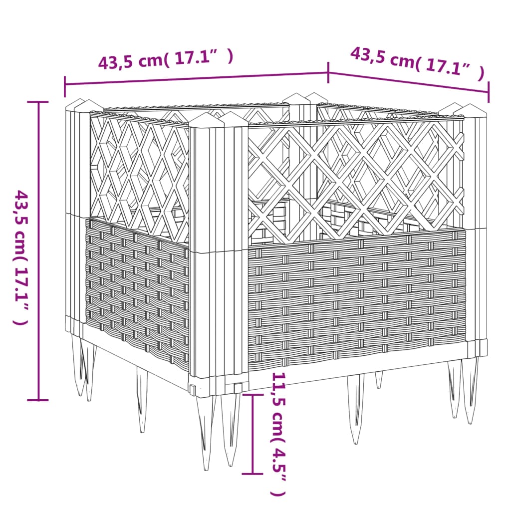 vidaXL Zahradní truhlík s kolíky šedý 43,5 x 43,5 x 43,5 cm PP