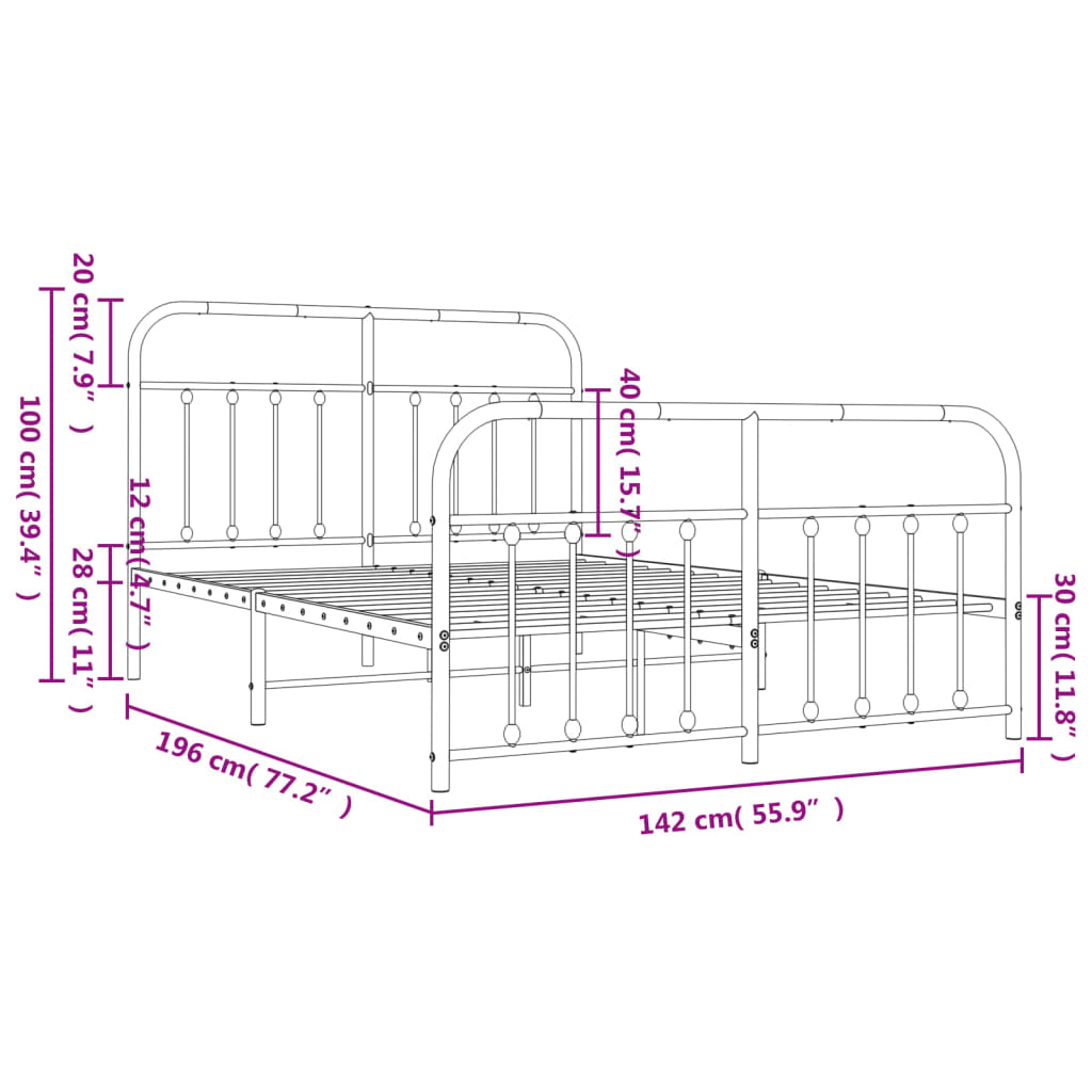 vidaXL Kovový rám postele s hlavovým a nožním čelem bílý 135 x 190 cm