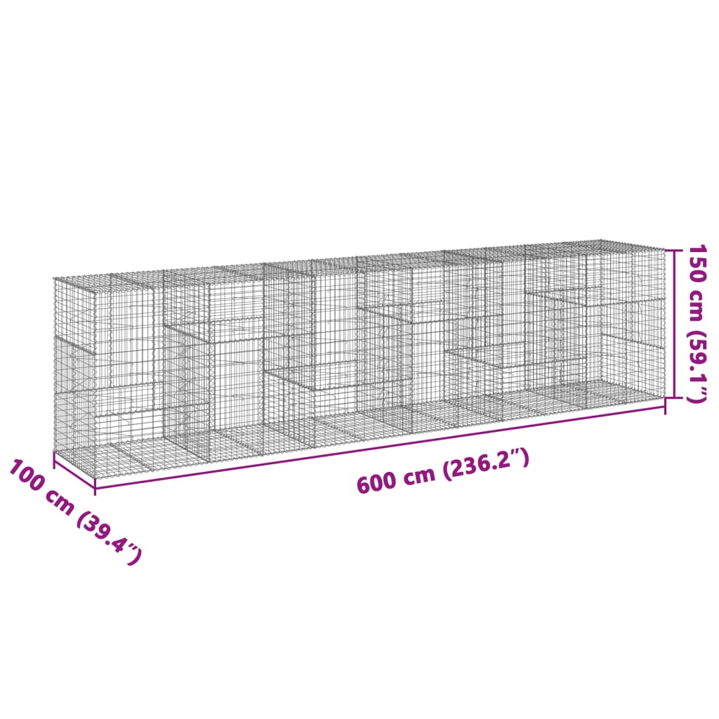 vidaXL Gabionový koš s víkem 600 x 100 x 150 cm pozinkované železo