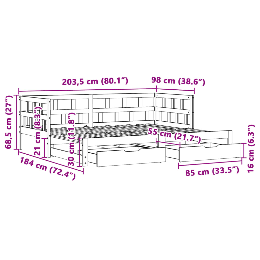 vidaXL Válenda s přistýlkou a zásuvkami 90 x 200 cm masivní borovice