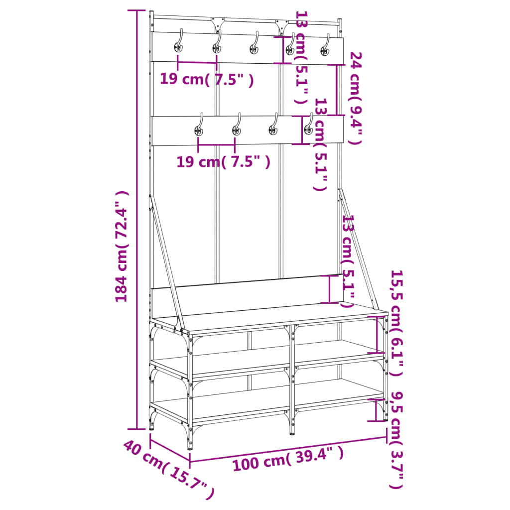 vidaXL Stojan na oblečení a prostor pro obuv kouřový dub 100x40x184 cm