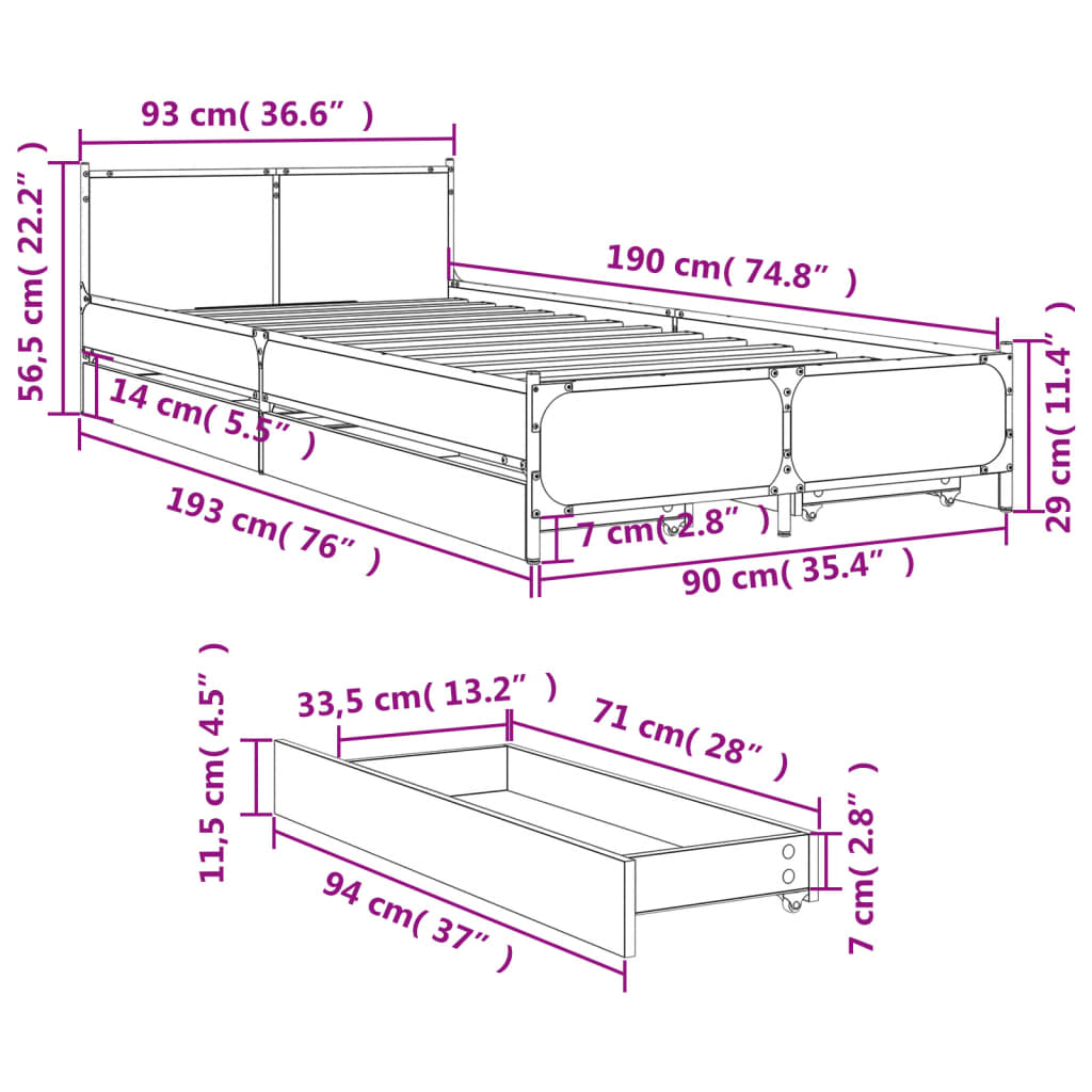 vidaXL Rám postele se zásuvkami černý 90 x 190 cm kompozitní dřevo