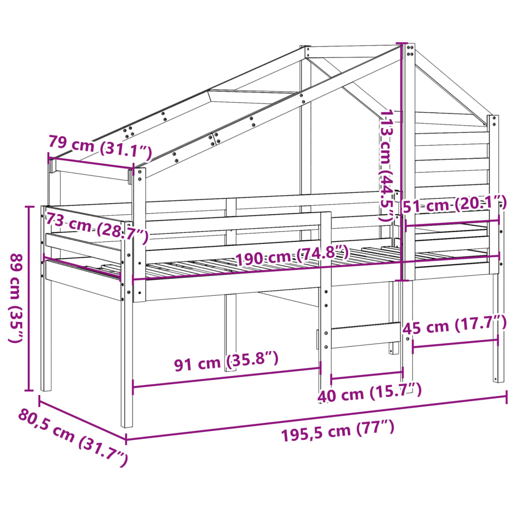 vidaXL Patrová postel se střechou bílá 75 x 190 cm masivní borovice