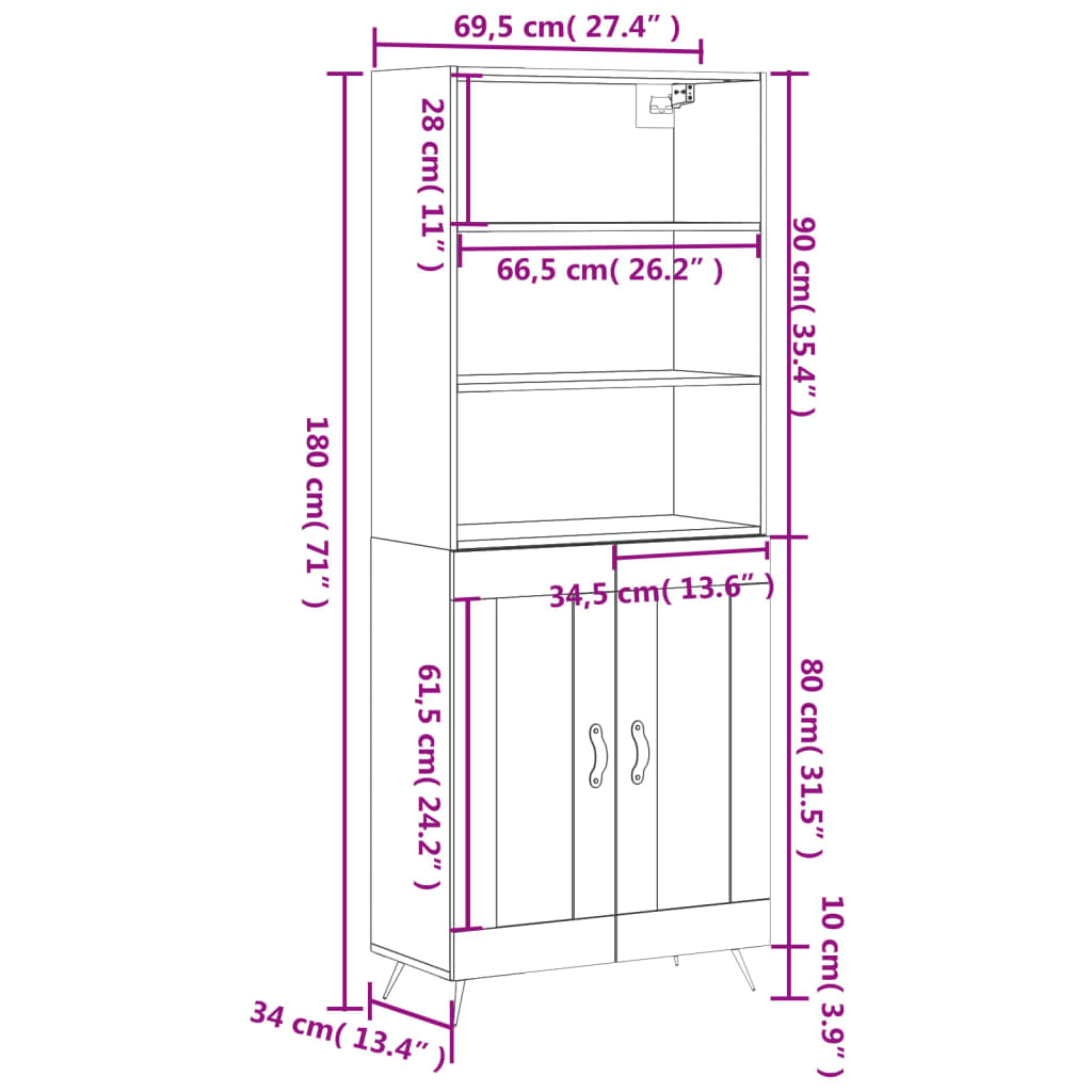 vidaXL Skříň highboard kouřový dub 69,5 x 34 x 180 cm kompozitní dřevo