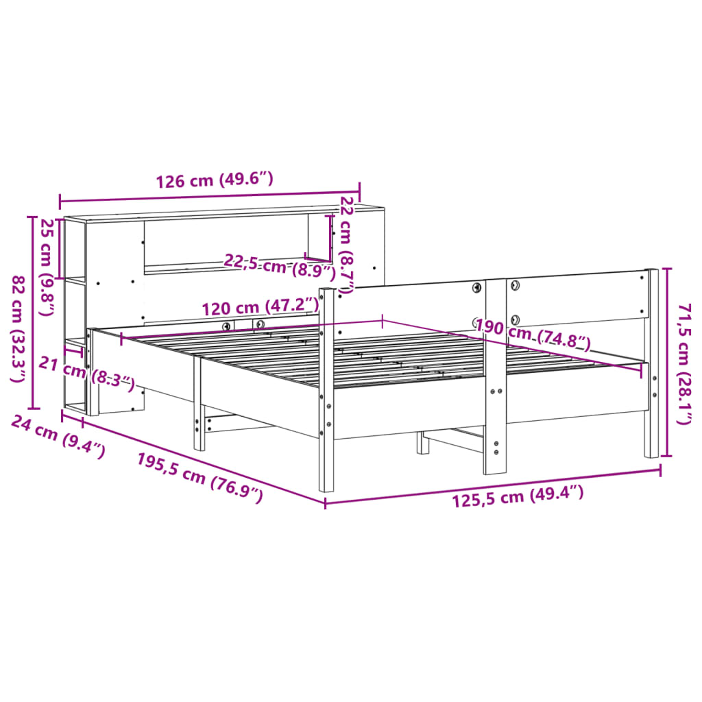 vidaXL Postel s knihovnou bez matrace bílá 120x190 cm masivní borovice