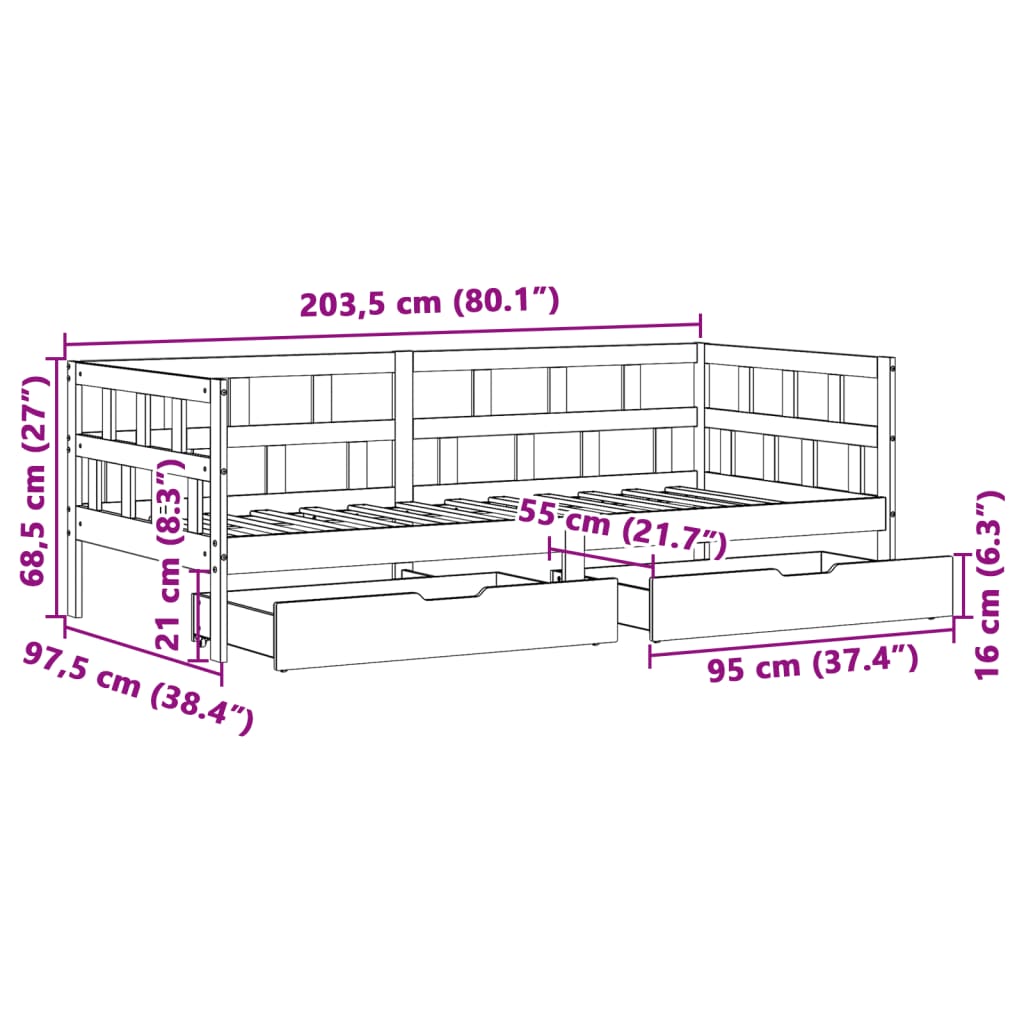 vidaXL Válenda se zásuvkami bílá 90 x 200 cm masivní borovice