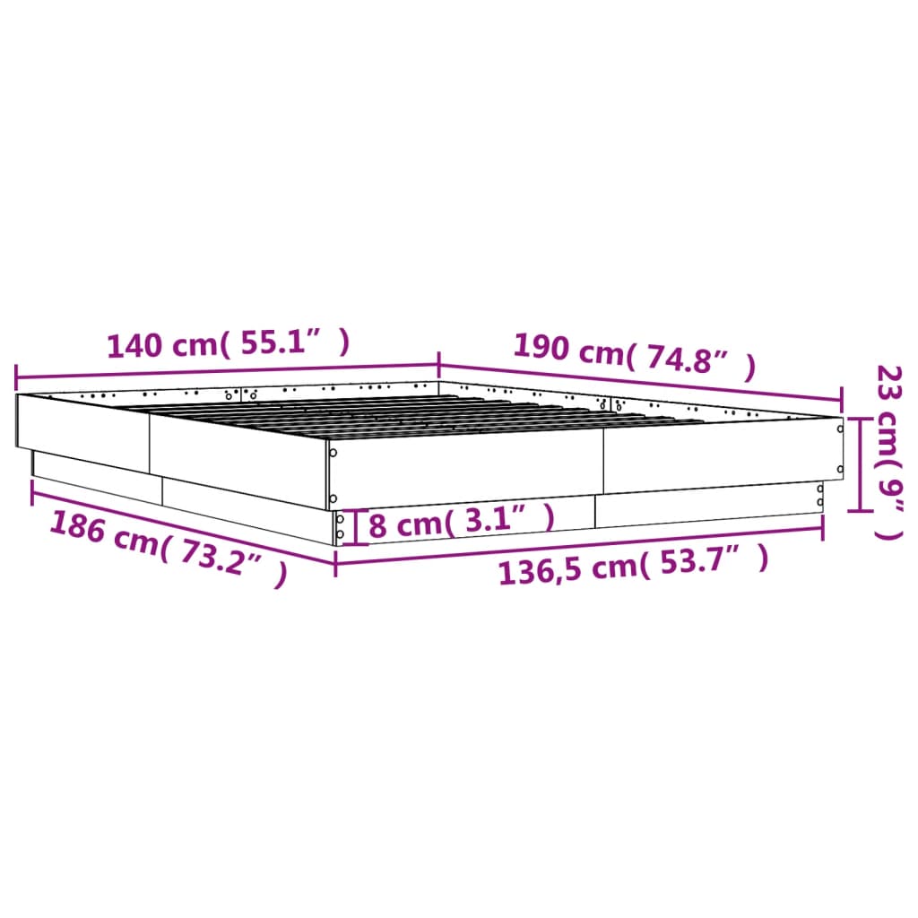 vidaXL Rám postele s LED osvětlením hnědý dub 140 x 190 cm