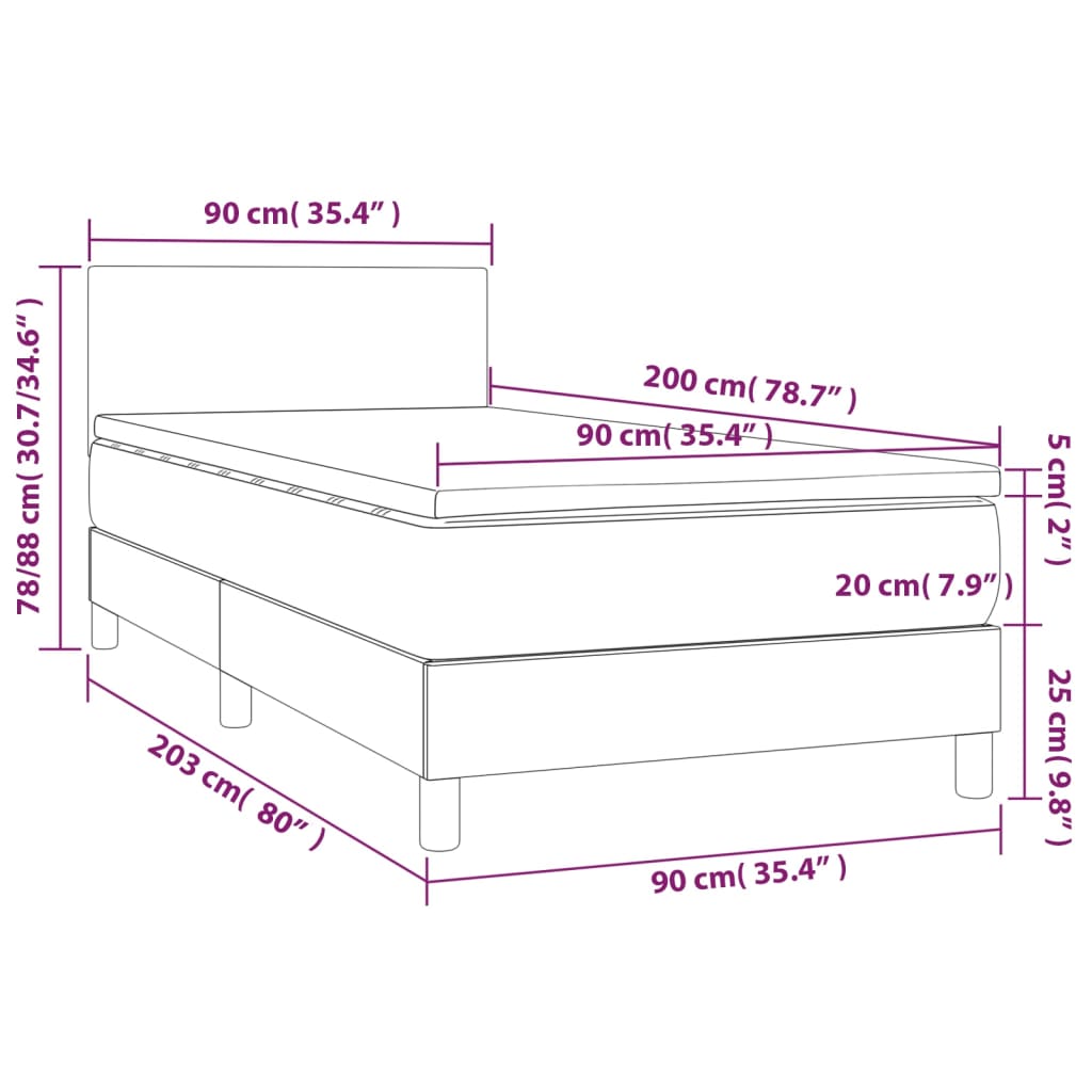 vidaXL Box spring postel s matrací a LED světle šedá 90x200 cm samet