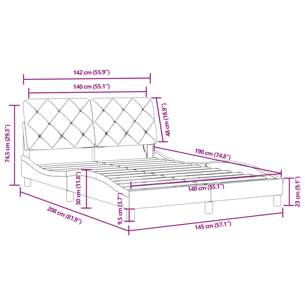 vidaXL Rám postele s LED osvětlením černý 140 x 190 cm samet