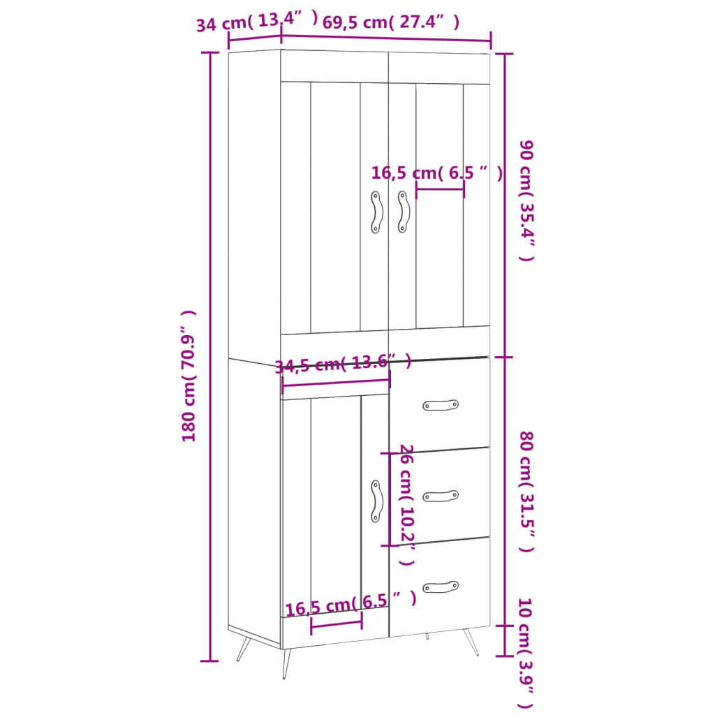 vidaXL Skříň highboard hnědý dub 69,5 x 34 x 180 cm kompozitní dřevo