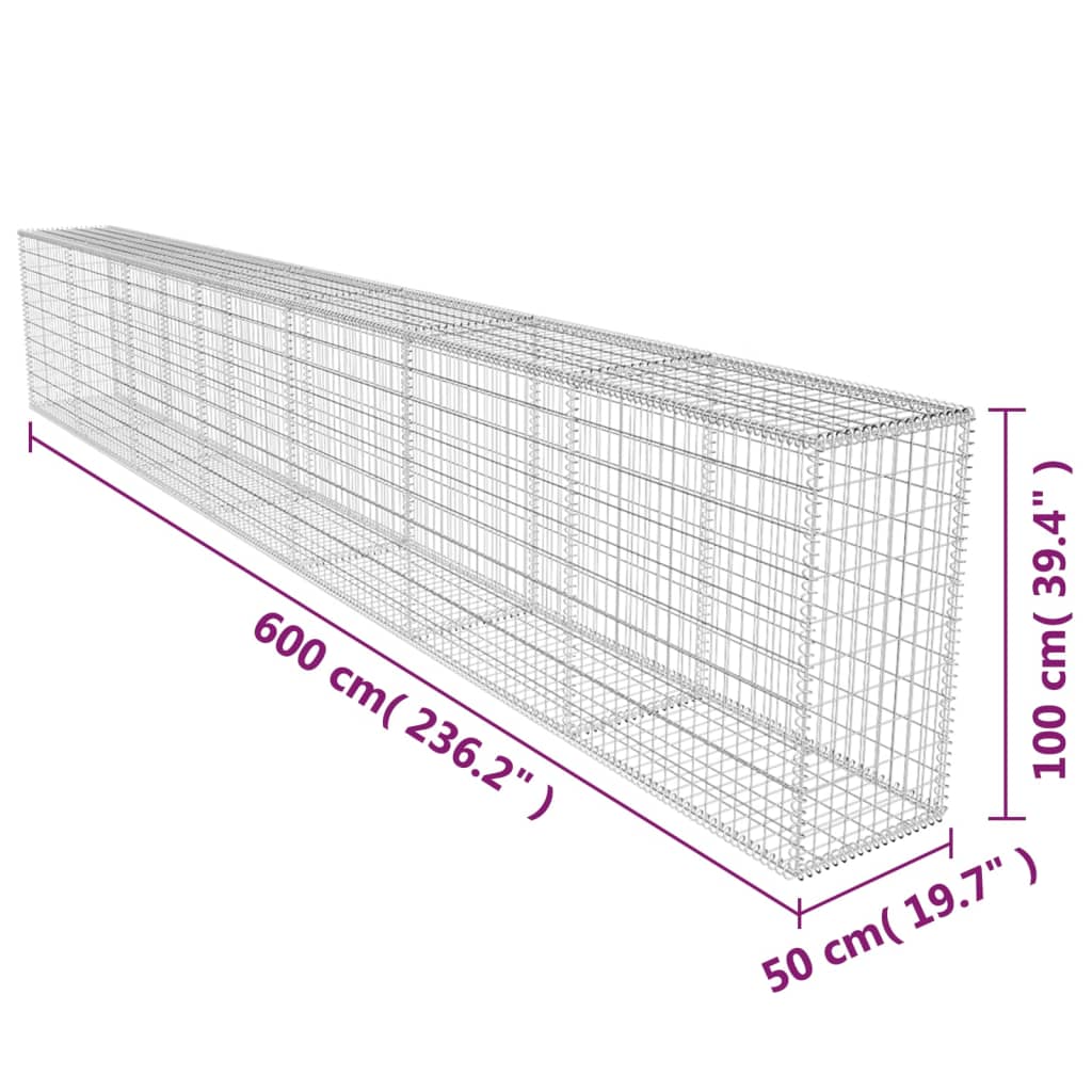 vidaXL Gabionová zeď s víkem pozinkovaná ocel 600 x 50 x 100 cm