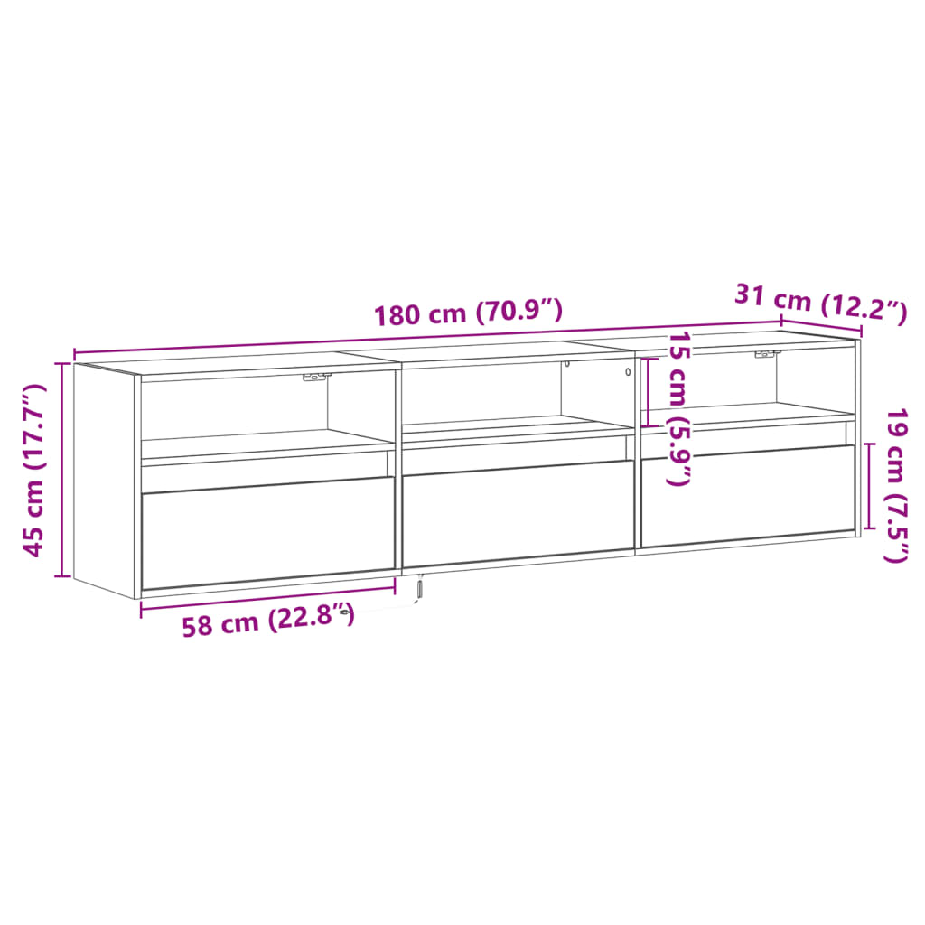 vidaXL Nástěnná TV skříňka s LED šedá sonoma 180 x 31 x 45 cm