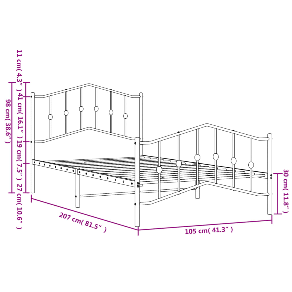 vidaXL Kovový rám postele s hlavovým a nožním čelem černý 100 x 200 cm