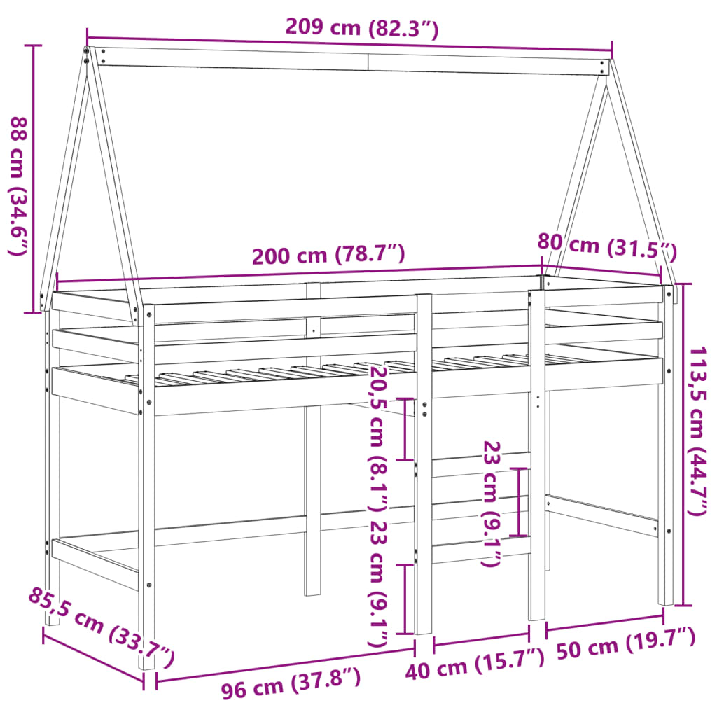 vidaXL Patrová postel s žebříkem a střechou bílá 80 x 200 cm borovice