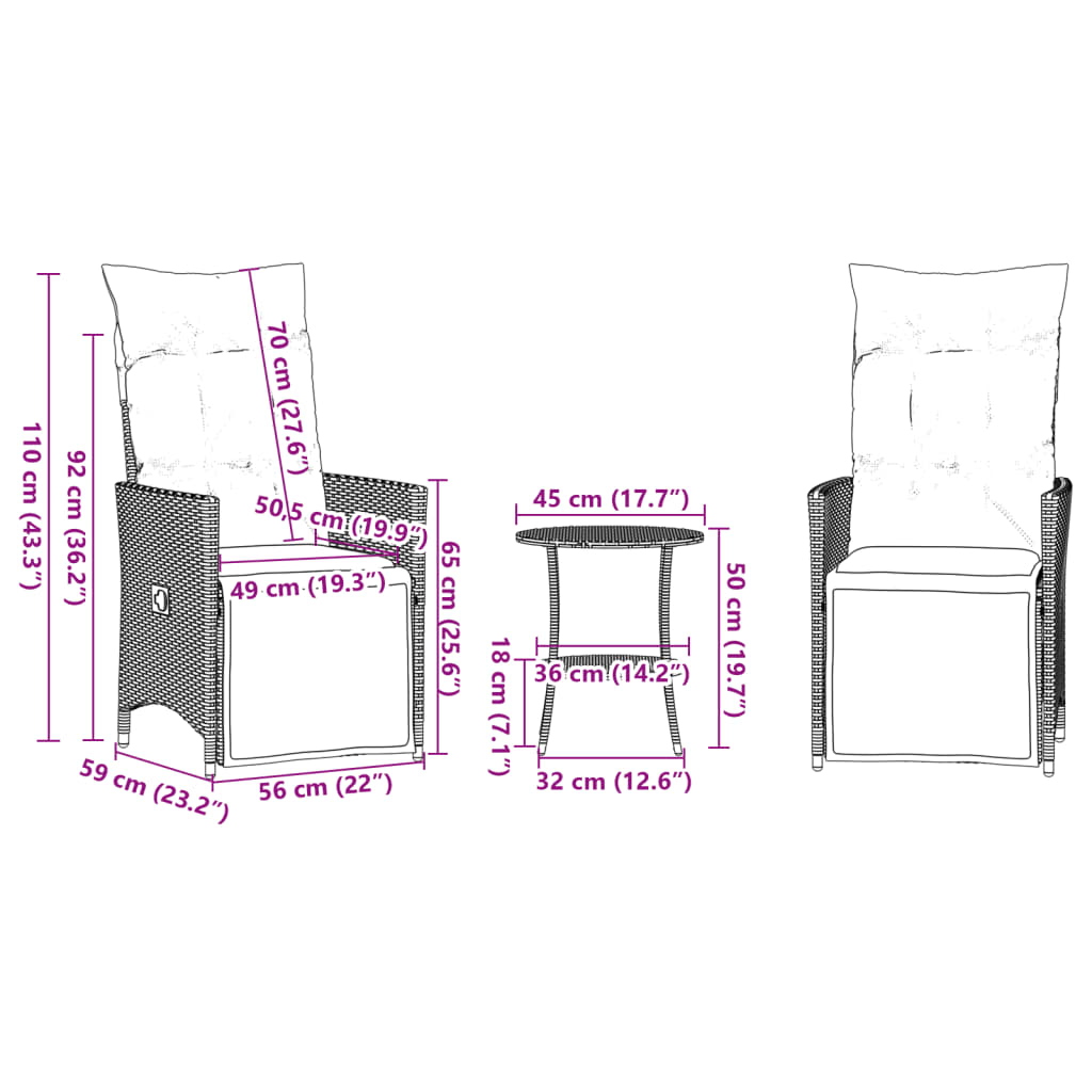 vidaXL 3dílný bistro set s poduškami černý polyratan