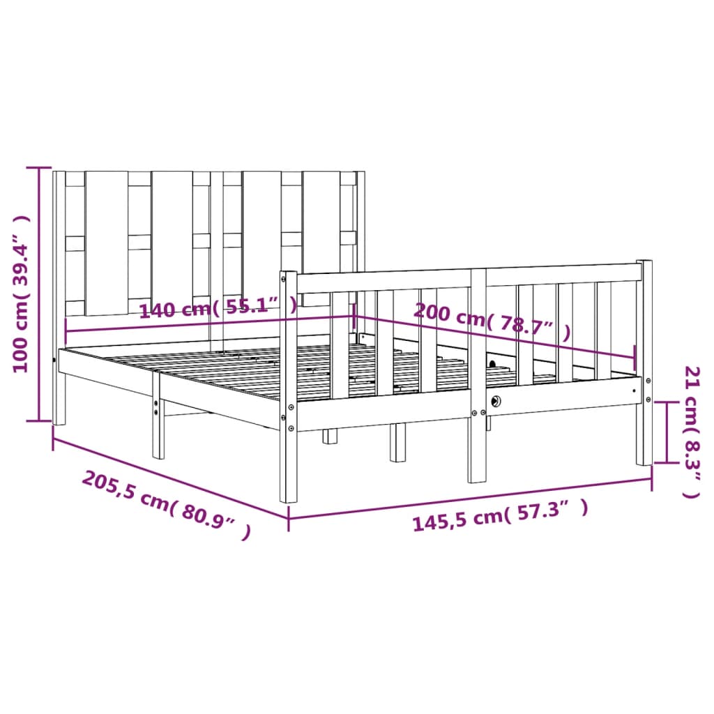 vidaXL Rám postele s čelem bílý 140 x 200 cm masivní dřevo