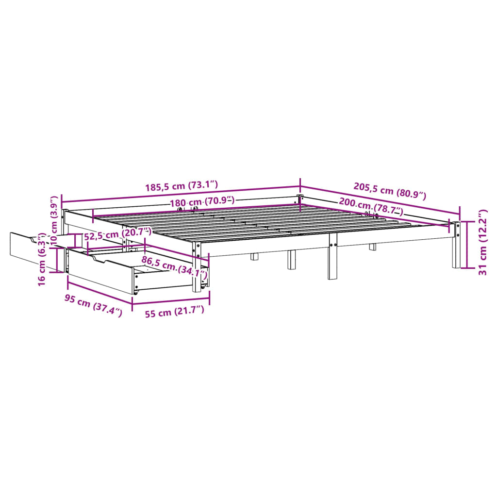 vidaXL Postel bez matrace bílá 180 x 200 cm masivní borovice