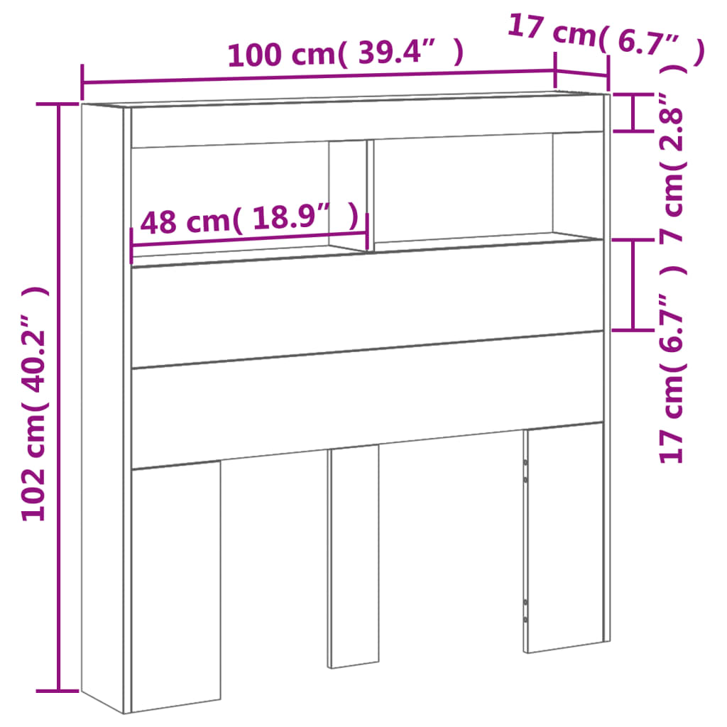 vidaXL Čelo postele úložný prostor a LED betonově šedé 100x17x102 cm