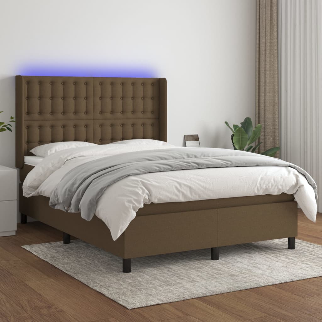 vidaXL Box spring postel s matrací a LED tmavě hnědá 140x200 cm textil