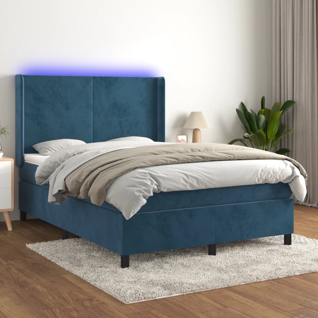 vidaXL Box spring postel s matrací a LED tmavě modrá 140x190 cm samet