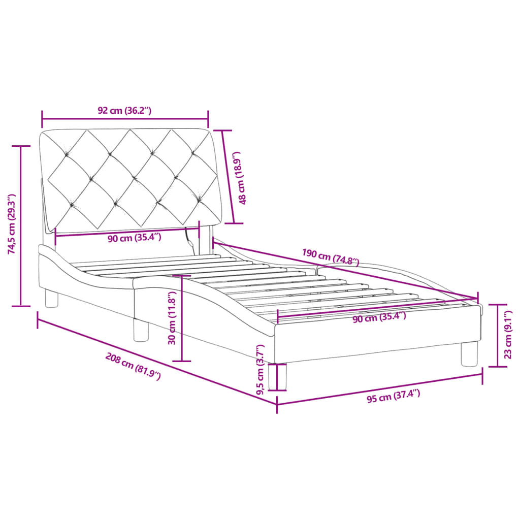 vidaXL Rám postele s LED osvětlením modrý 90 x 190 cm samet