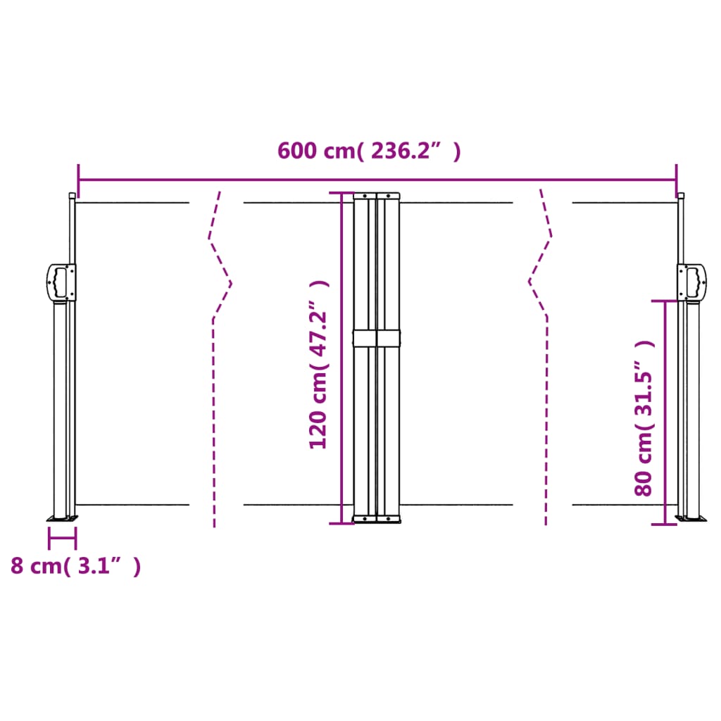 vidaXL Zatahovací boční markýza červená 120 x 600 cm