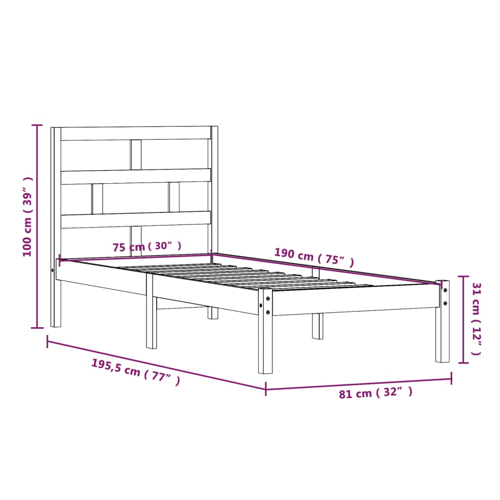 vidaXL Rám postele bílý 75 x 190 cm Small Single masivní dřevo