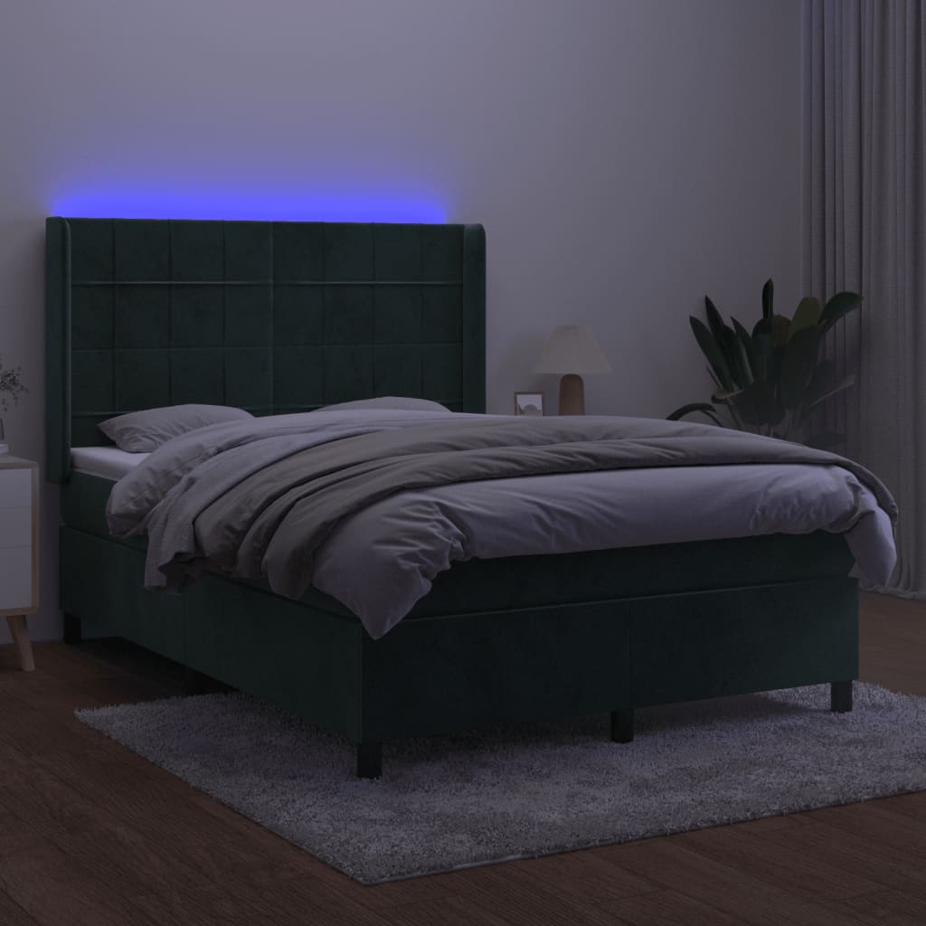 vidaXL Box spring postel s matrací a LED tmavě zelená 140x190 cm samet