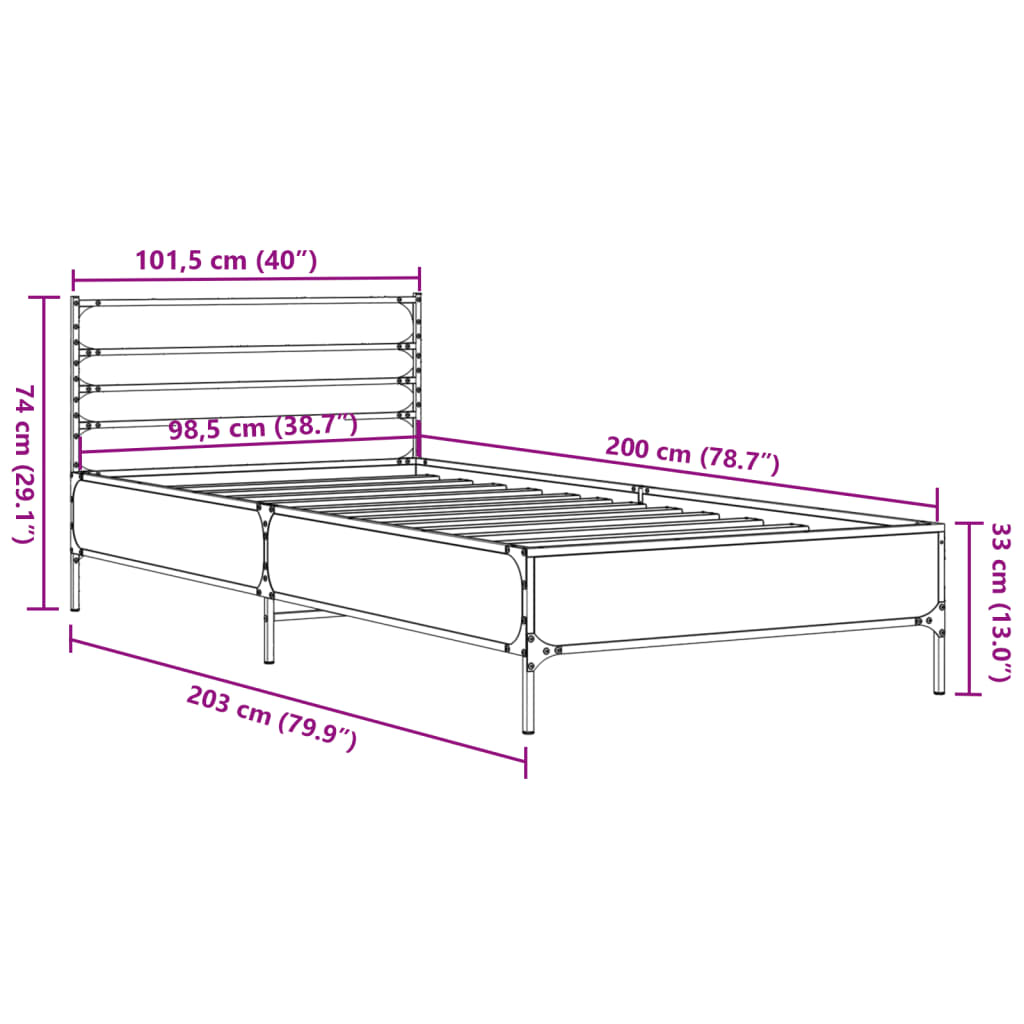 vidaXL Rám postele kouřový dub 100 x 200 cm kompozitní dřevo a kov