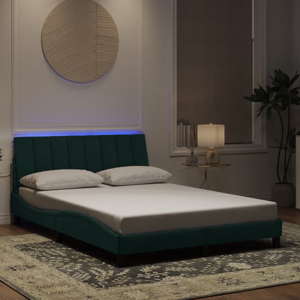 vidaXL Rám postele s LED osvětlením tmavě zelený 140 x 190 cm samet
