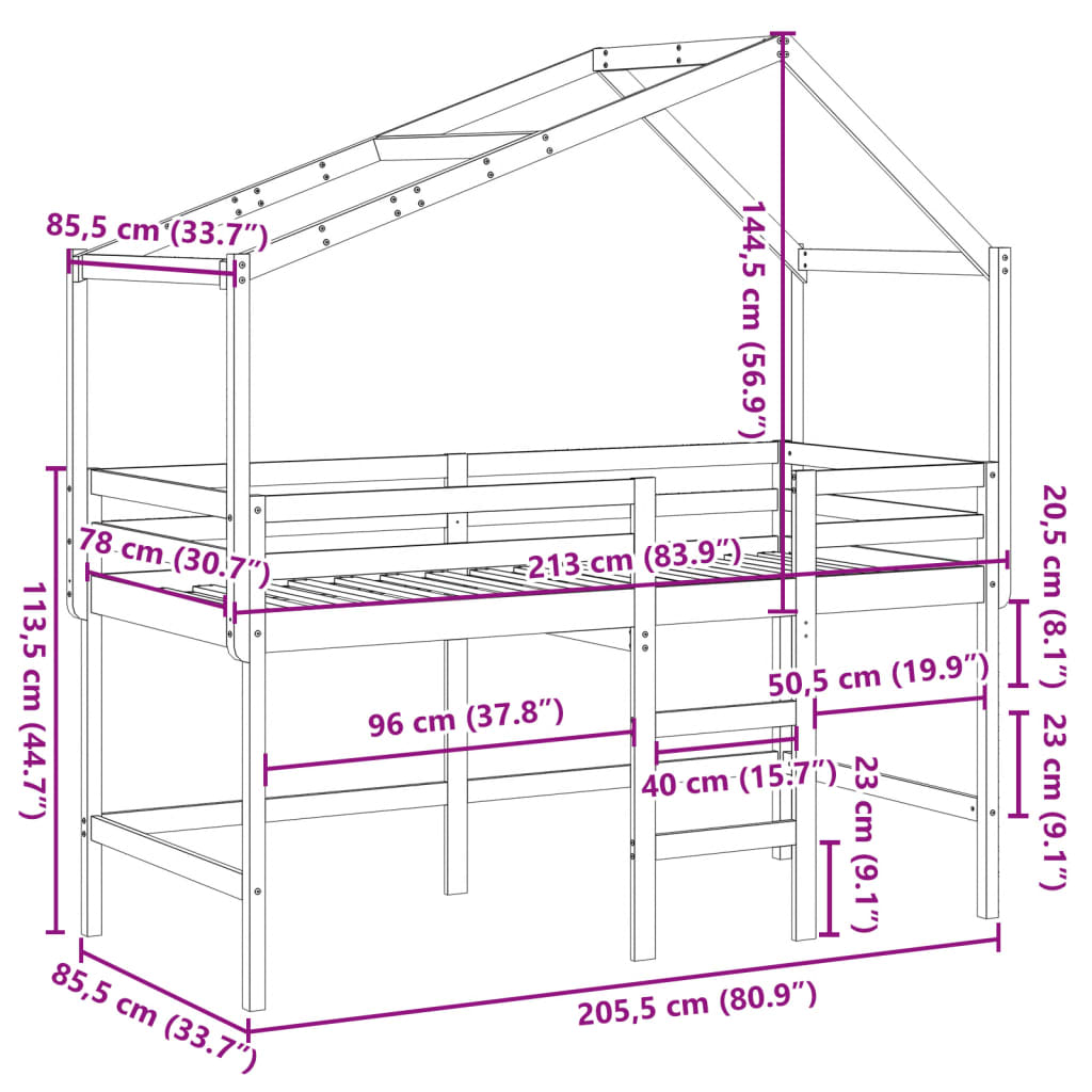 vidaXL Patrová postel s žebříkem a střechou bílá 80 x 200 cm borovice