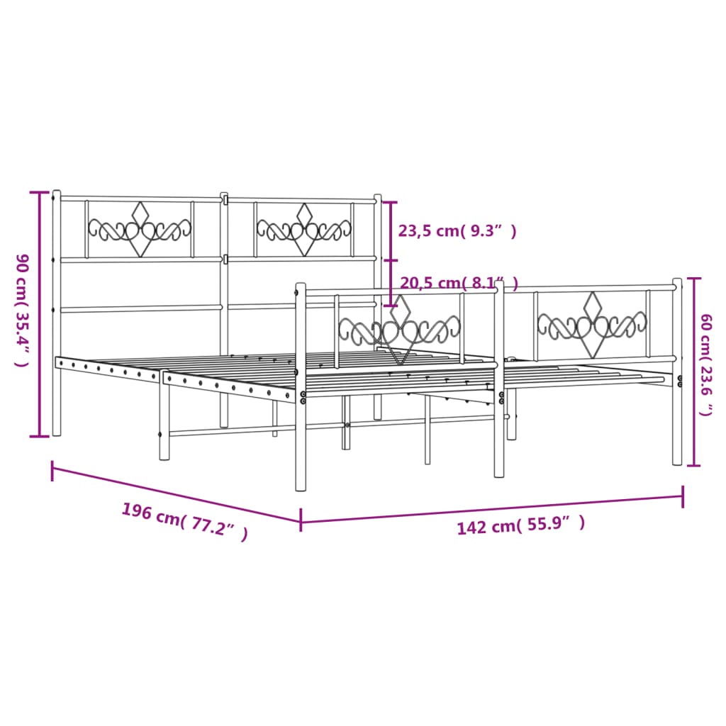 vidaXL Kovový rám postele s hlavovým a nožním čelem černý 135 x 190 cm