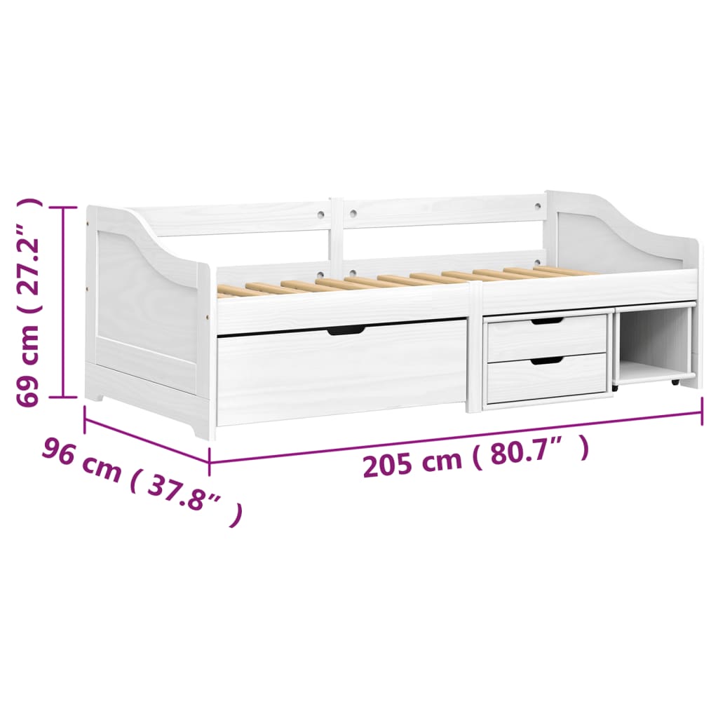 vidaXL Válenda se 3 zásuvkami IRUN bílá 90x200 cm masivní borové dřevo