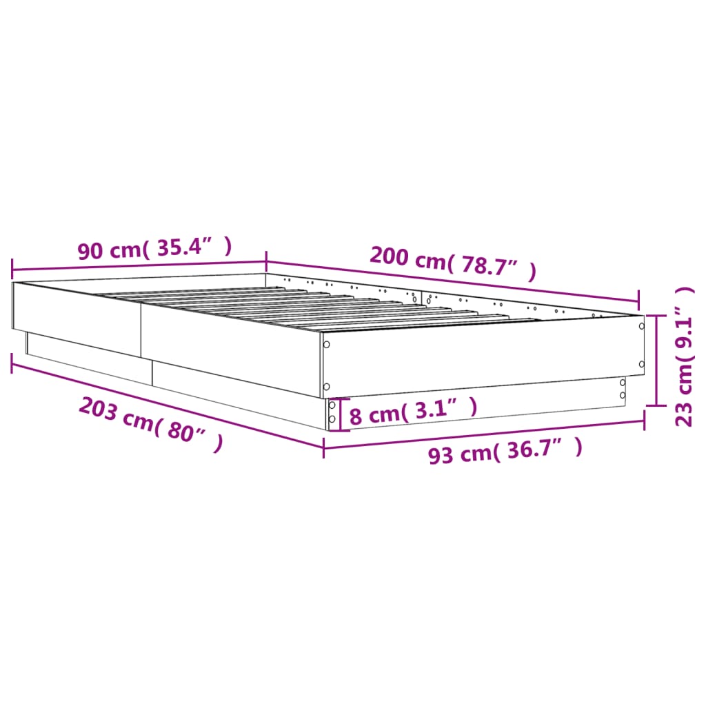 vidaXL Rám postele s LED osvětlením betonově šedý 90 x 200 cm