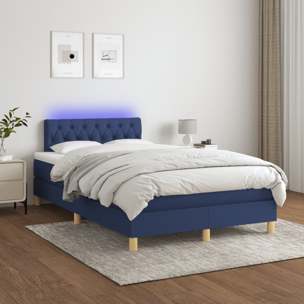 vidaXL Box spring postel s matrací a LED modrá 120x190 cm textil