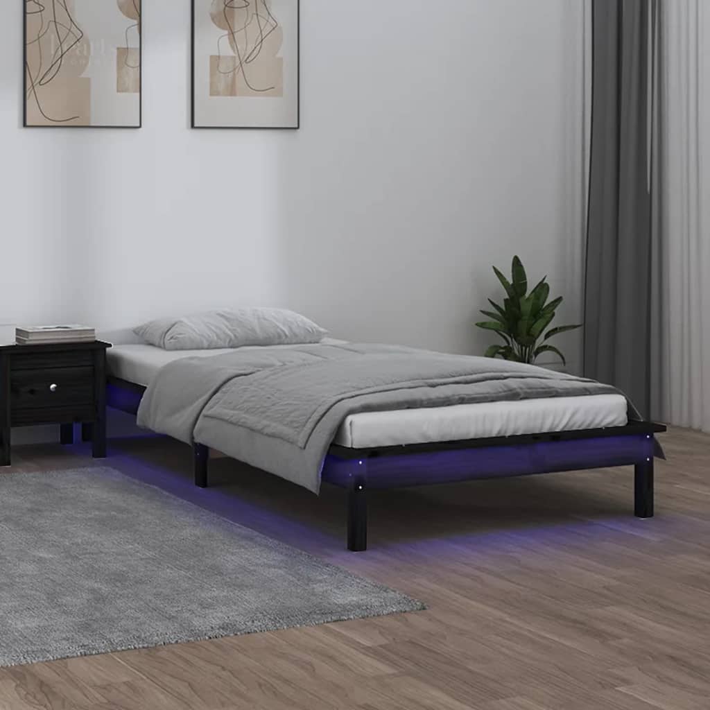 vidaXL Rám postele s LED světlem černý 90x190 cm Single masivní dřevo