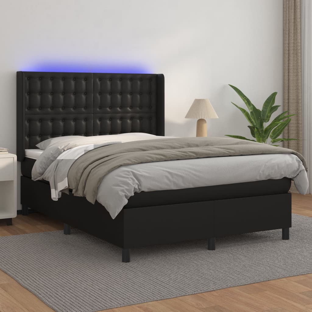 vidaXL Box spring postel s matrací a LED černá 140x200 cm umělá kůže