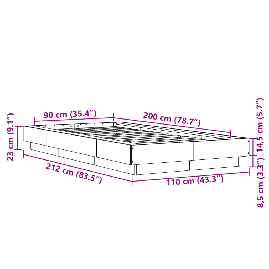 vidaXL Rám postele s LED osvětlením šedý sonoma 90 x 200 cm kompozit