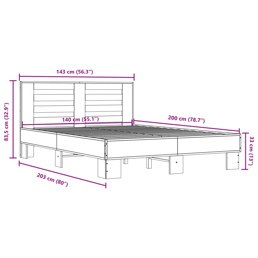 vidaXL Rám postele kouřový dub 140 x 200 cm kompozitní dřevo a kov