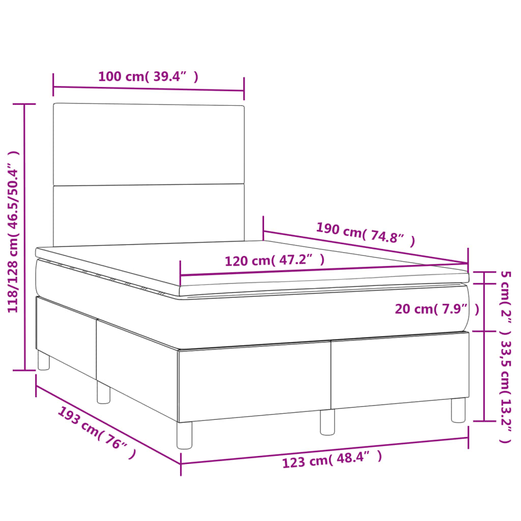 vidaXL Box spring postel s matrací a LED růžová 120 x 190 cm samet