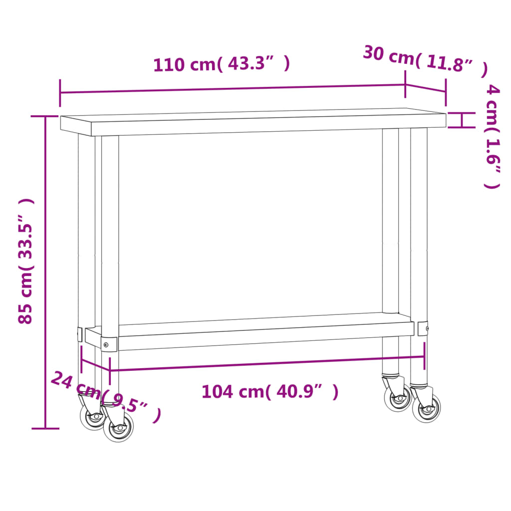 vidaXL Kuchyňský pracovní stůl s kolečky 110x30x85 cm nerezová ocel