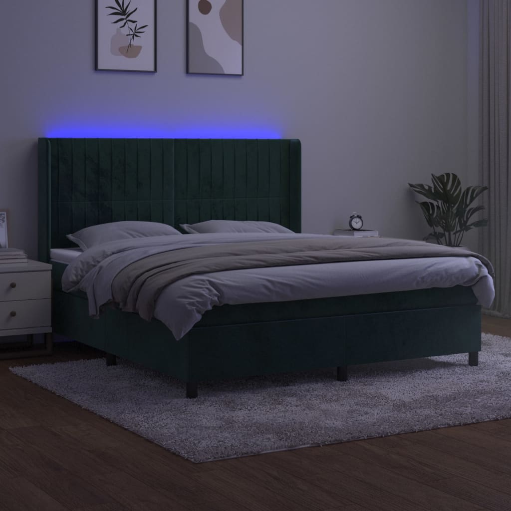 vidaXL Box spring postel s matrací a LED tmavě zelená 160x200 cm samet