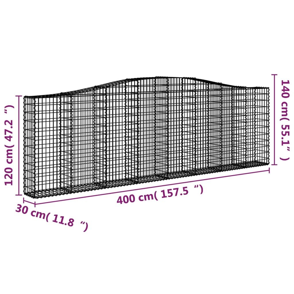 vidaXL Klenutý gabionový koš 400 x 30 x 120/140 cm pozinkované železo