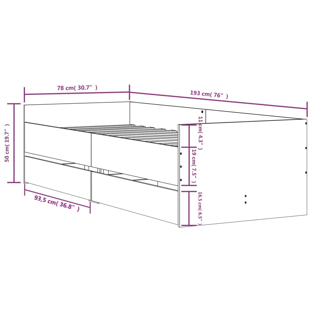 vidaXL Rám postele se zásuvkami dub sonoma 75 x 190 cm Small Single