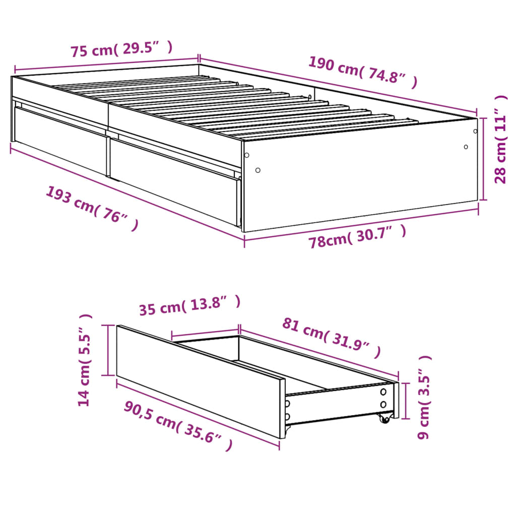 vidaXL Rám postele se zásuvkami šedý sonoma 75x190 cm kompozitní dřevo