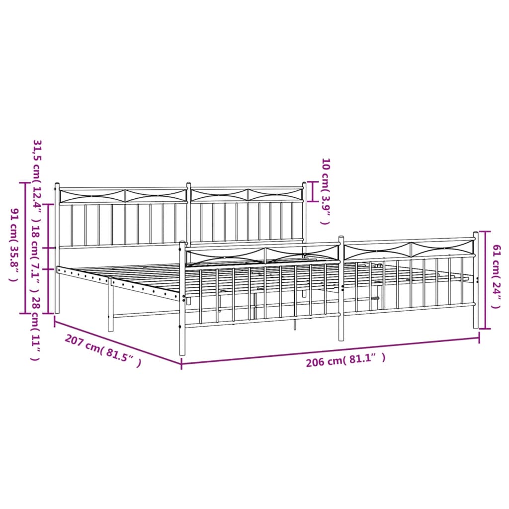 vidaXL Kovový rám postele s hlavovým a nožním čelem černý 200 x 200 cm