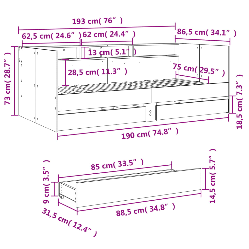 vidaXL Válenda se zásuvkami bez matrace dub sonoma 75 x 190 cm