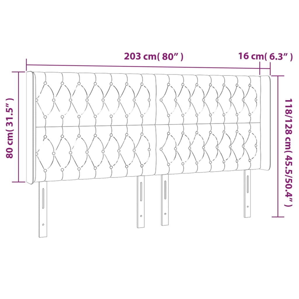 vidaXL Čelo postele s LED světle šedé 203 x 16 x 118/128 cm samet