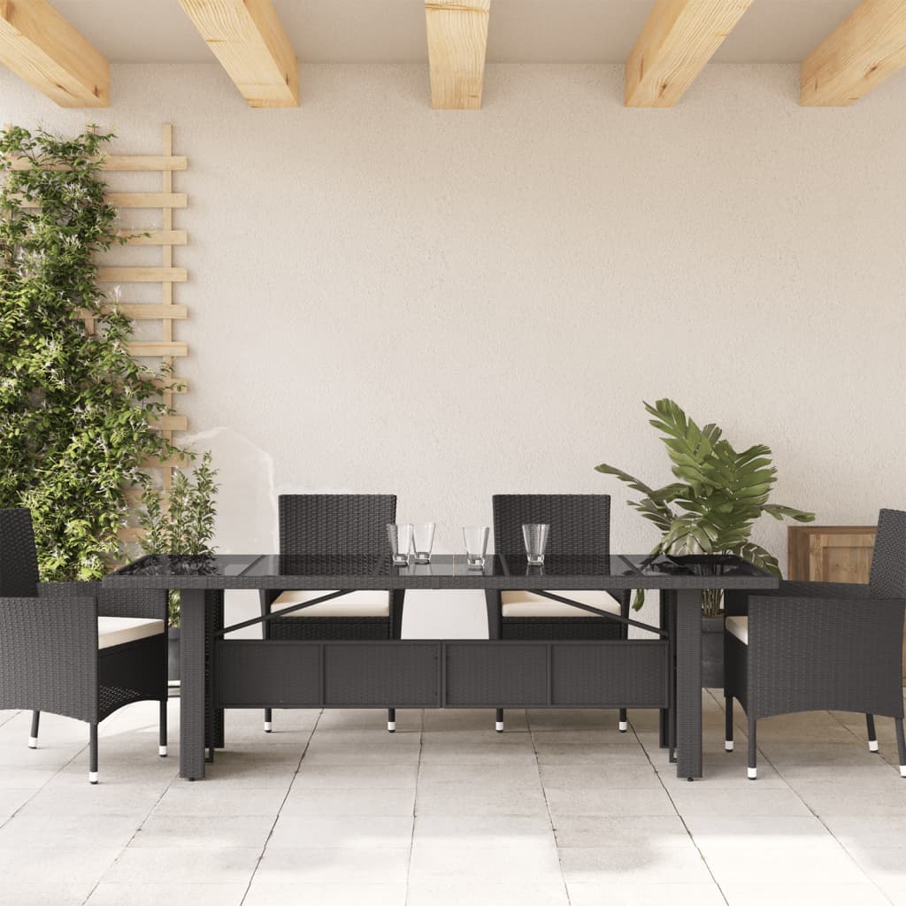 vidaXL Zahradní stůl se skleněnou deskou černý 240x90x75 cm polyratan